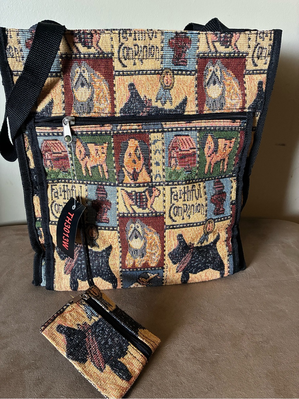 Tapestry Dog Motif Tote Bag with Zip Pouch - Black/Multicolor